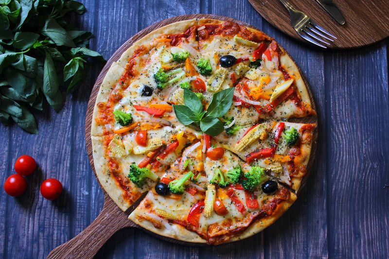 Veggie Harvest pizza with fresh garden vegetables